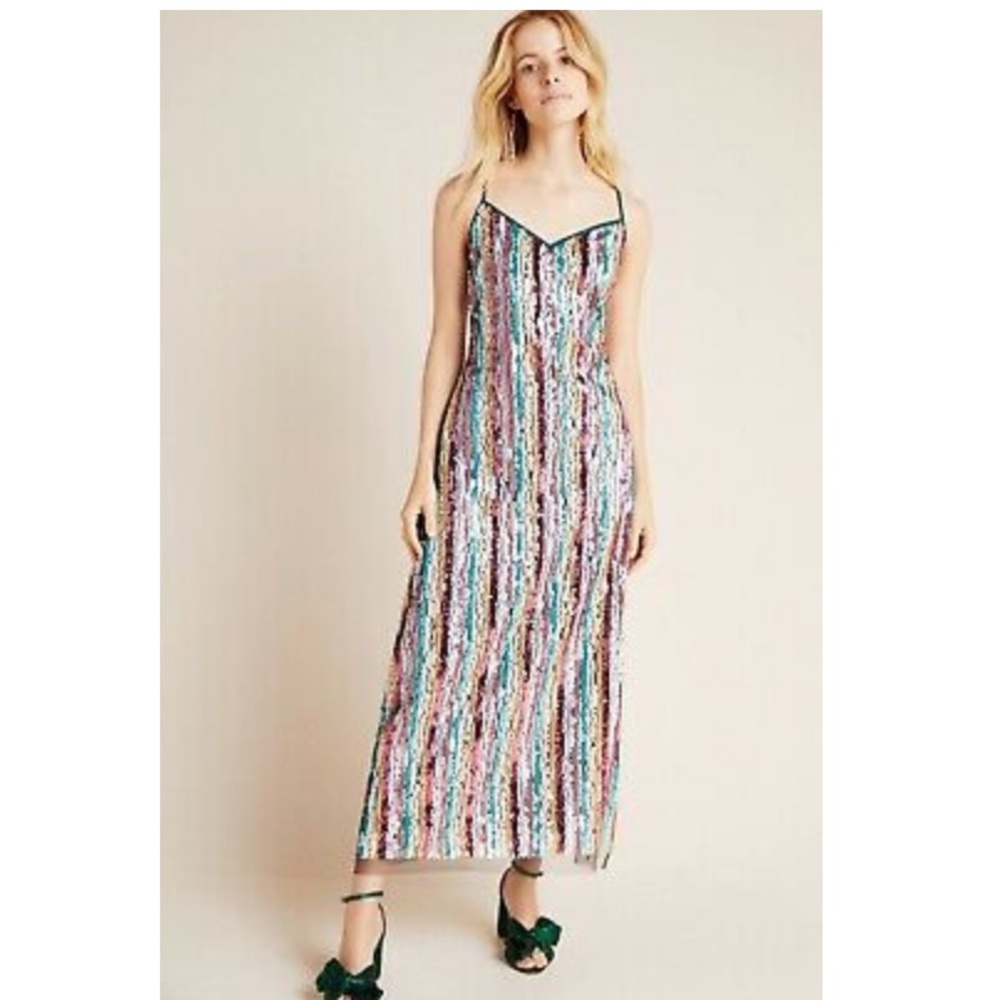 NWT Eva Franco Anthropologie Marguerite Sequined Maxi Slip Dress Rainbow